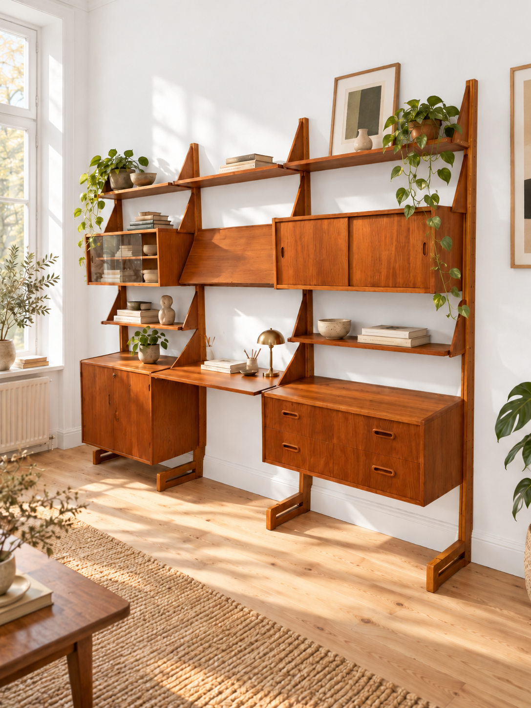 Zonnige Scandinavische woonkamer met teakwandmeubel